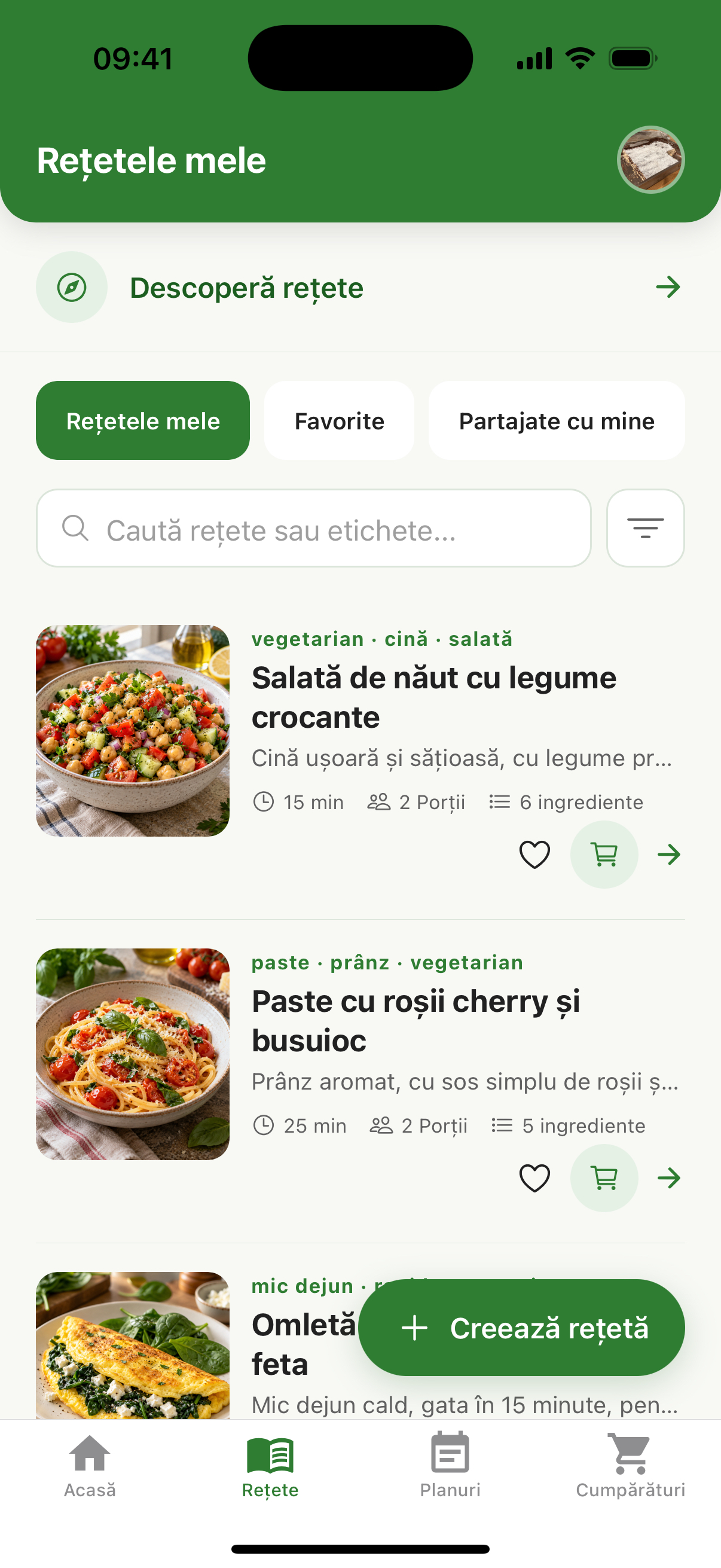My recipes screen with illustrated recipes and a discover option