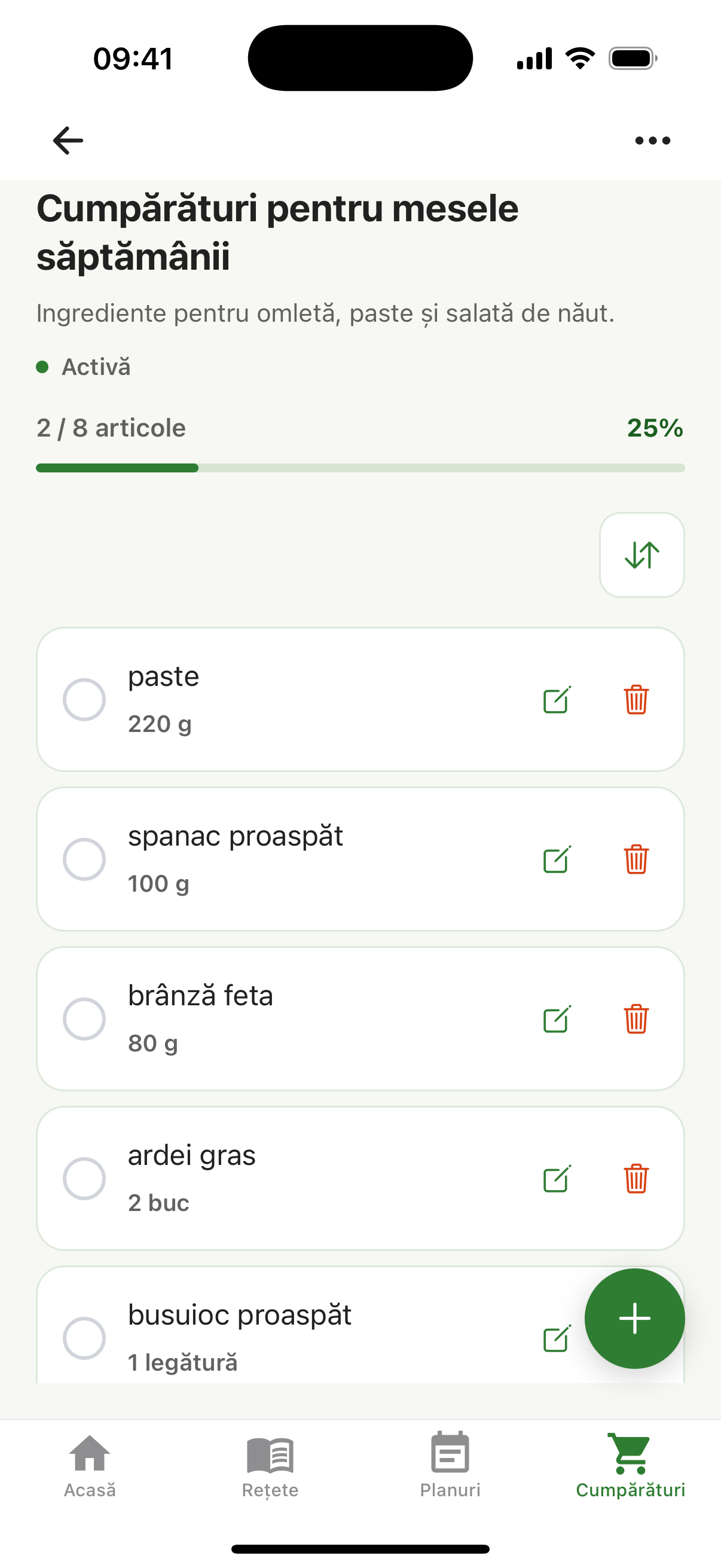 A shopping list with ingredients, quantities, and progress