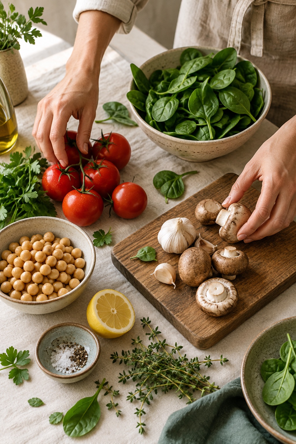 Tomatoes, mushrooms, spinach, and chickpeas ready to cook